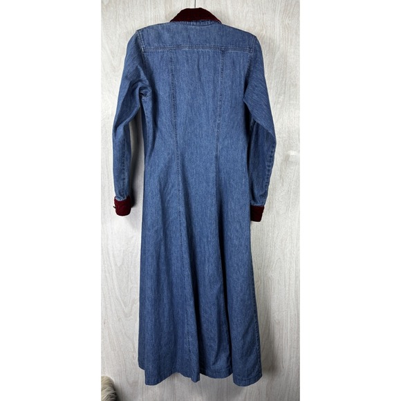 Vintage 80s Denim Maxi Dress S Velvet Trim Western Prairie Boho Cottagecore - Picture 3 of 9